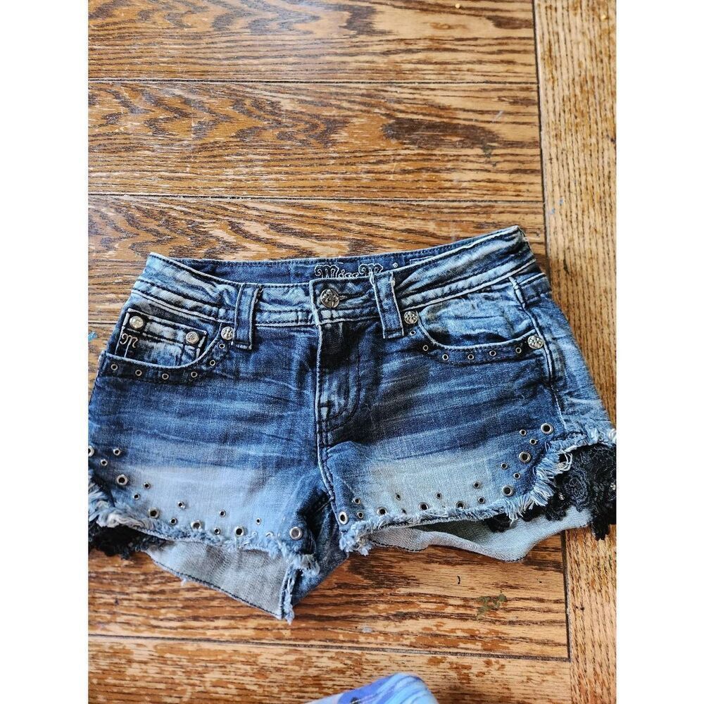 Miss Me Faded Blue Studded Frayed Denim Shorts